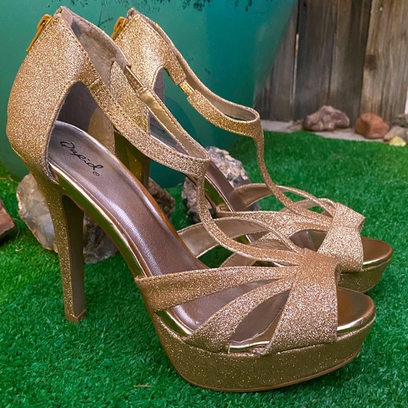 Qupid Shoes - Quipid Gold Glitter Formal Platform Heels